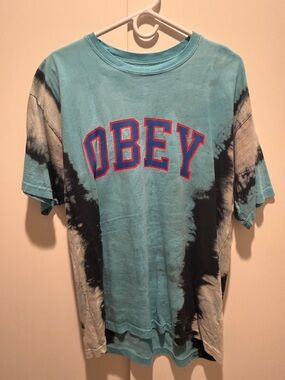 Obey Aqua Tie-Dye Short Sleeve Tee with Red-Outlined Logo